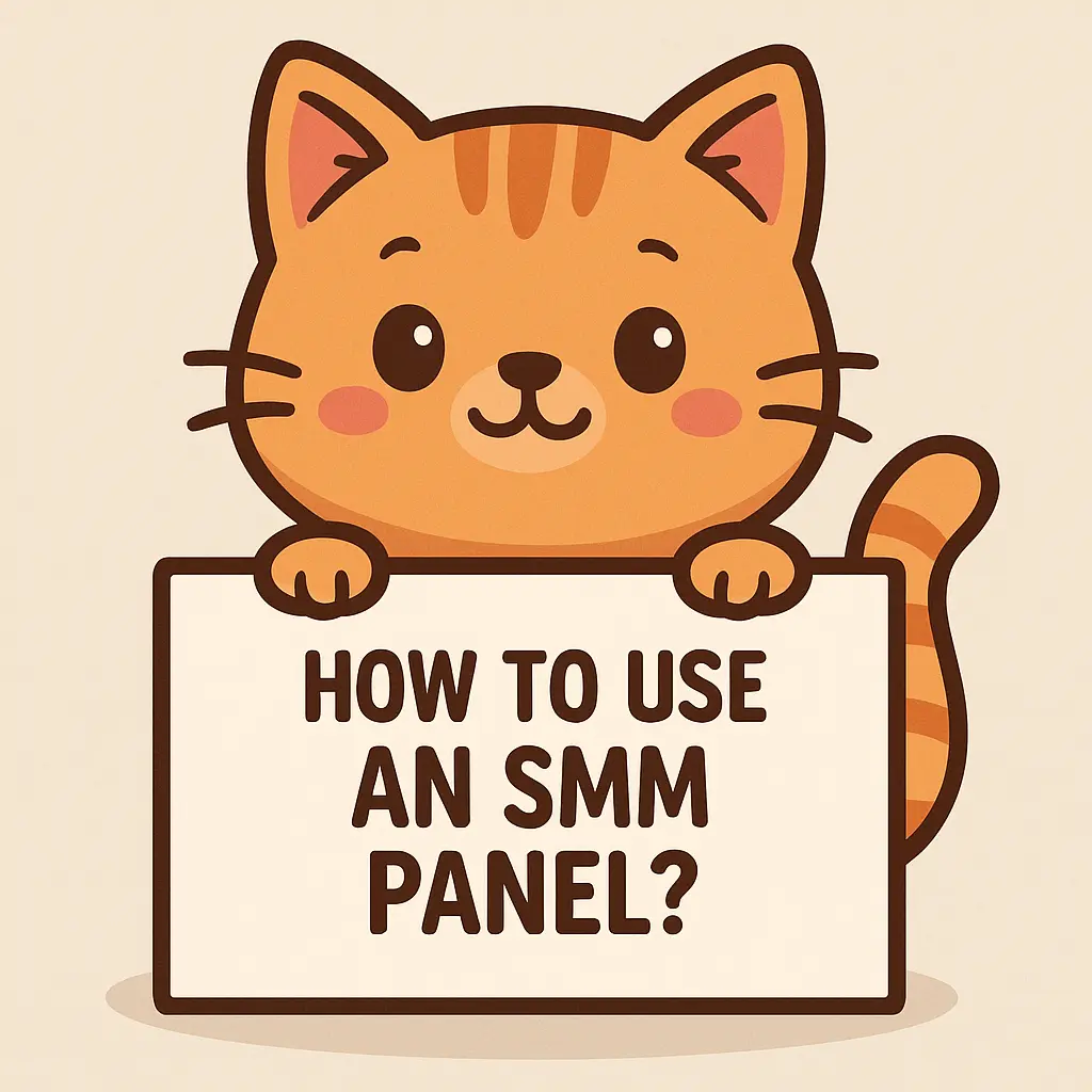 a cute cartoon orange cat holding a sign. Text is How to Use an SMM Panel? How to Use an SMM Panel