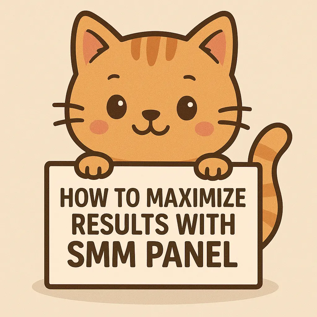 a cute cartoon orange cat holding a sign. Text is How to Maximize Results with SMM Panel How to Maximize Results with SMM Panel