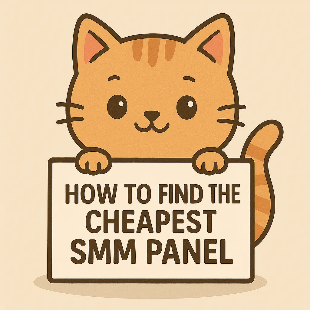 a cute cartoon orange cat holding a sign. Text is How to Find the Cheapest SMM Panel How to Find the Cheapest SMM Panel