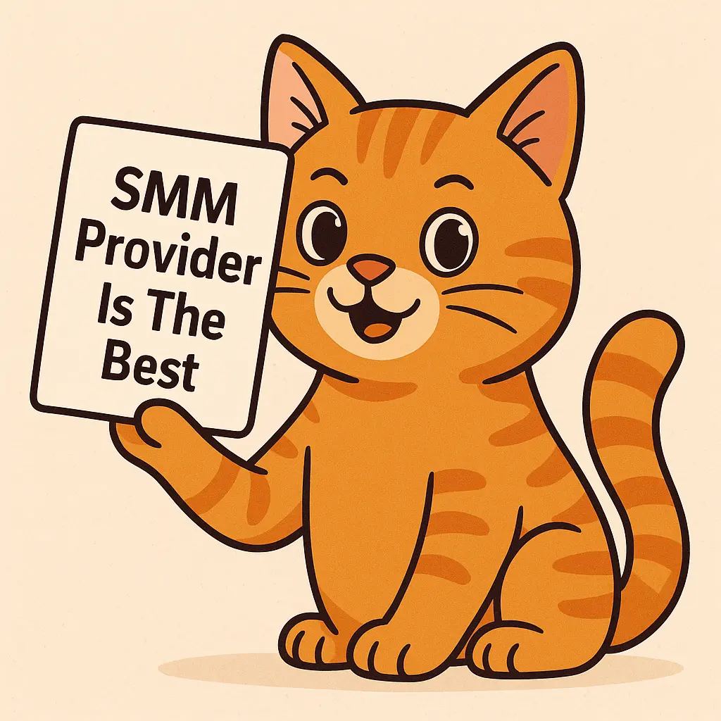 a cute cartoon orange cat holding a sign. Text is SMM Provider is The Best SMM Provider is The Best