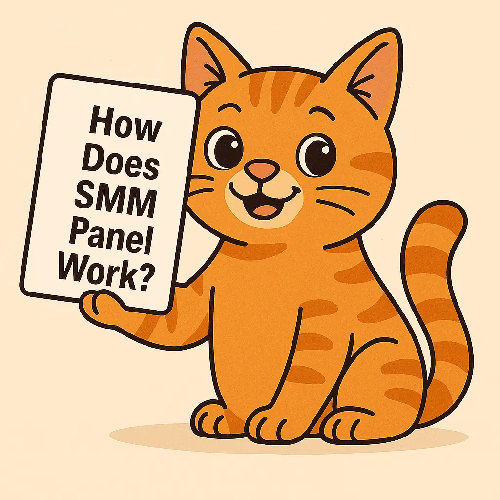 a cute cartoon orange cat holding a sign. Text is How Does SMM Panel Work? How Does SMM Panel Work?