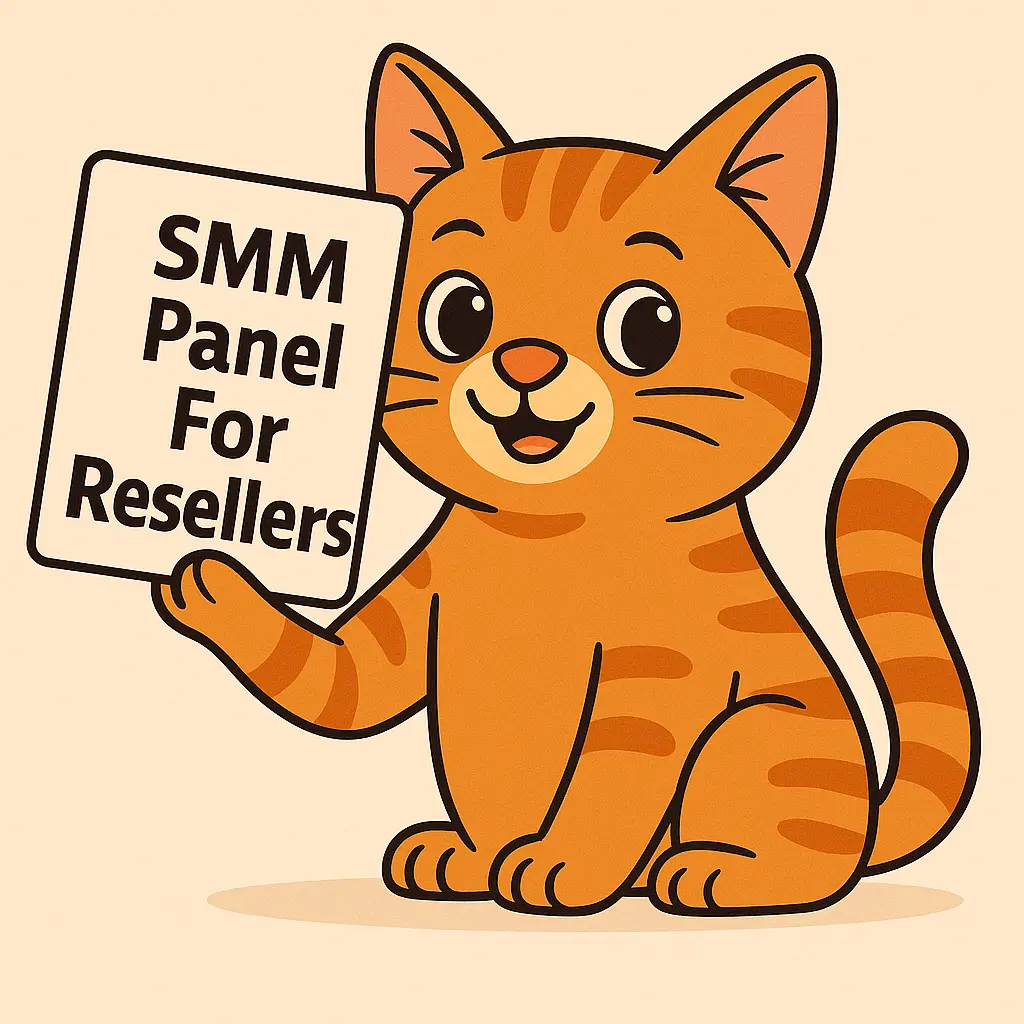 a cute cartoon orange cat holding a sign. Text is SMM Panel For Resellers SMM Panel For Resellers
