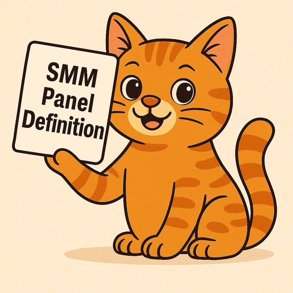 a cute cartoon orange cat holding a sign. Sign Text is SMM Panel Definition SMM Panel Definition