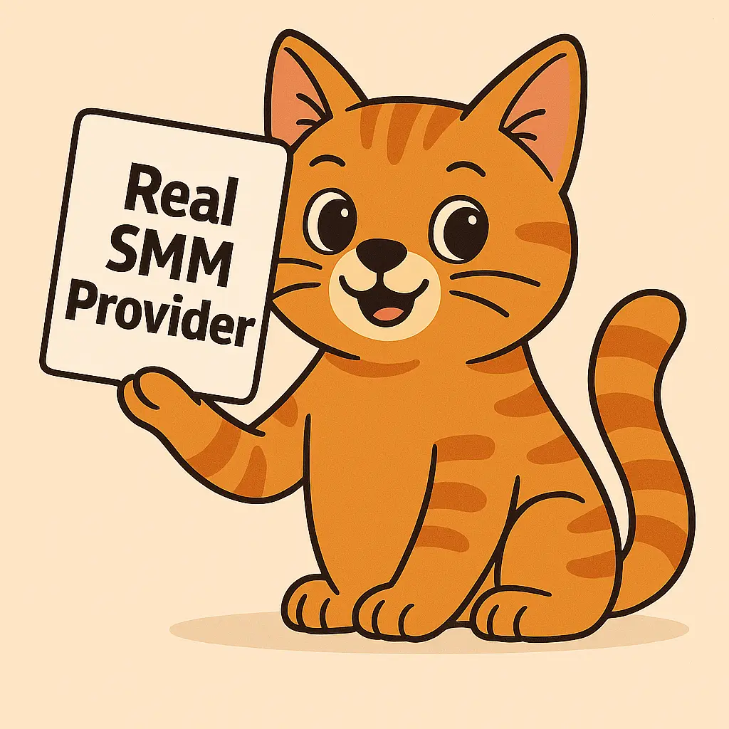 a cute cartoon orange cat holding a sign. Text is Real SMM Provider Real SMM panel Provider