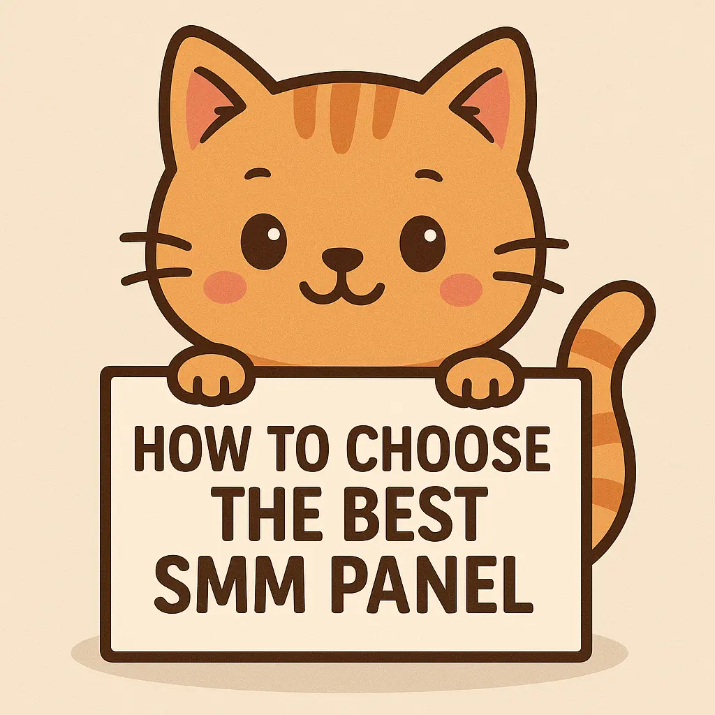 a cute cartoon orange cat holding a sign. Text is How to Choose the Best SMM Panel How to Choose the Best SMM Panel