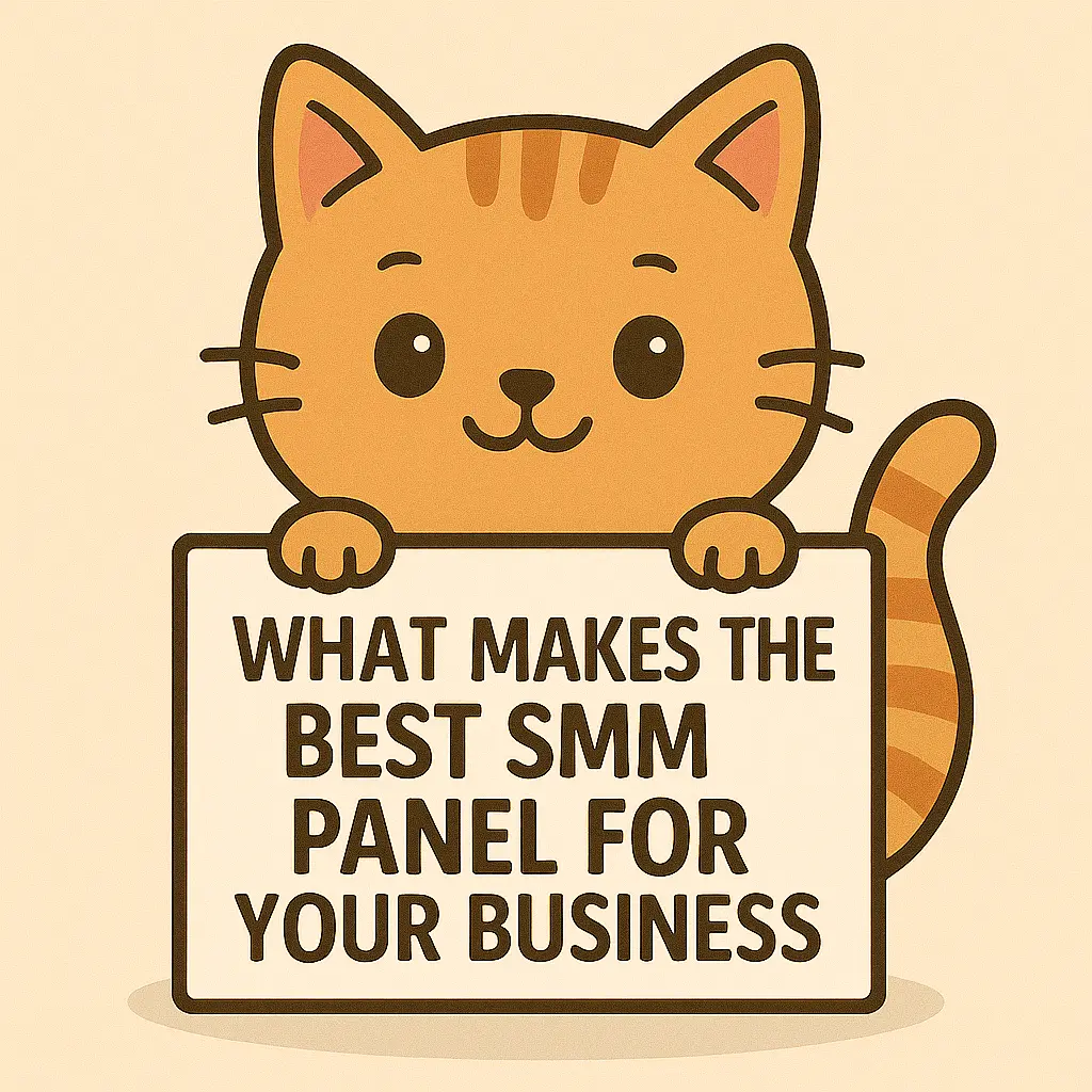 a cute cartoon orange cat holding a sign. Text is What Makes the Best SMM Panel for Your Business What Makes the Best SMM Panel for Your Business