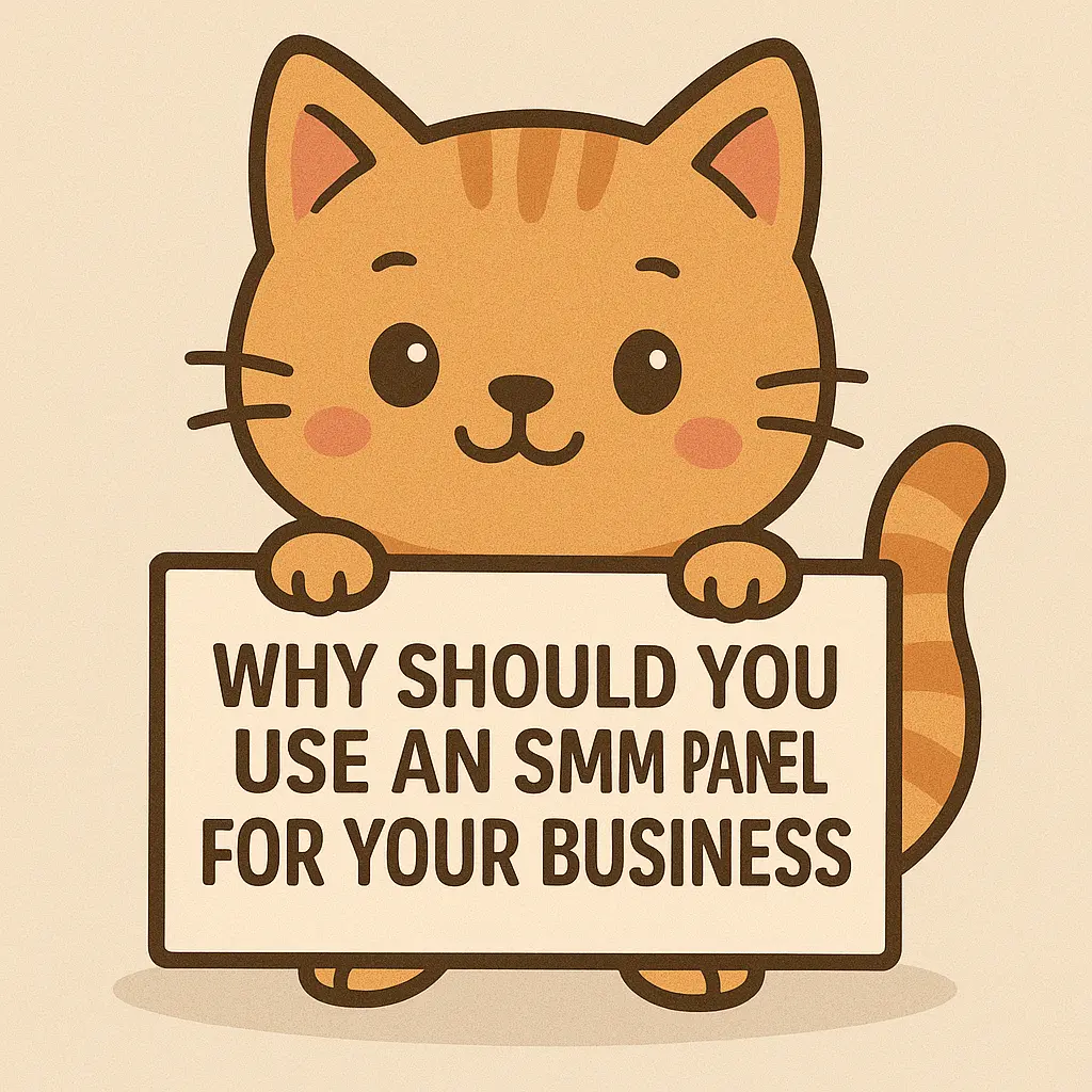a cute cartoon orange cat holding a sign. Text is Why Should You Use an SMM Panel for Your Business Why Should You Use an SMM Panel for Your Business