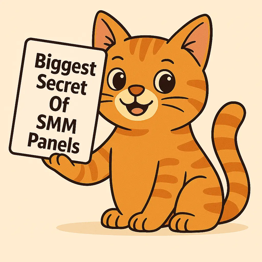 a cute cartoon orange cat holding a sign. Text is Biggest Secret Of SMM Panels Biggest Secret Of SMM Panels
