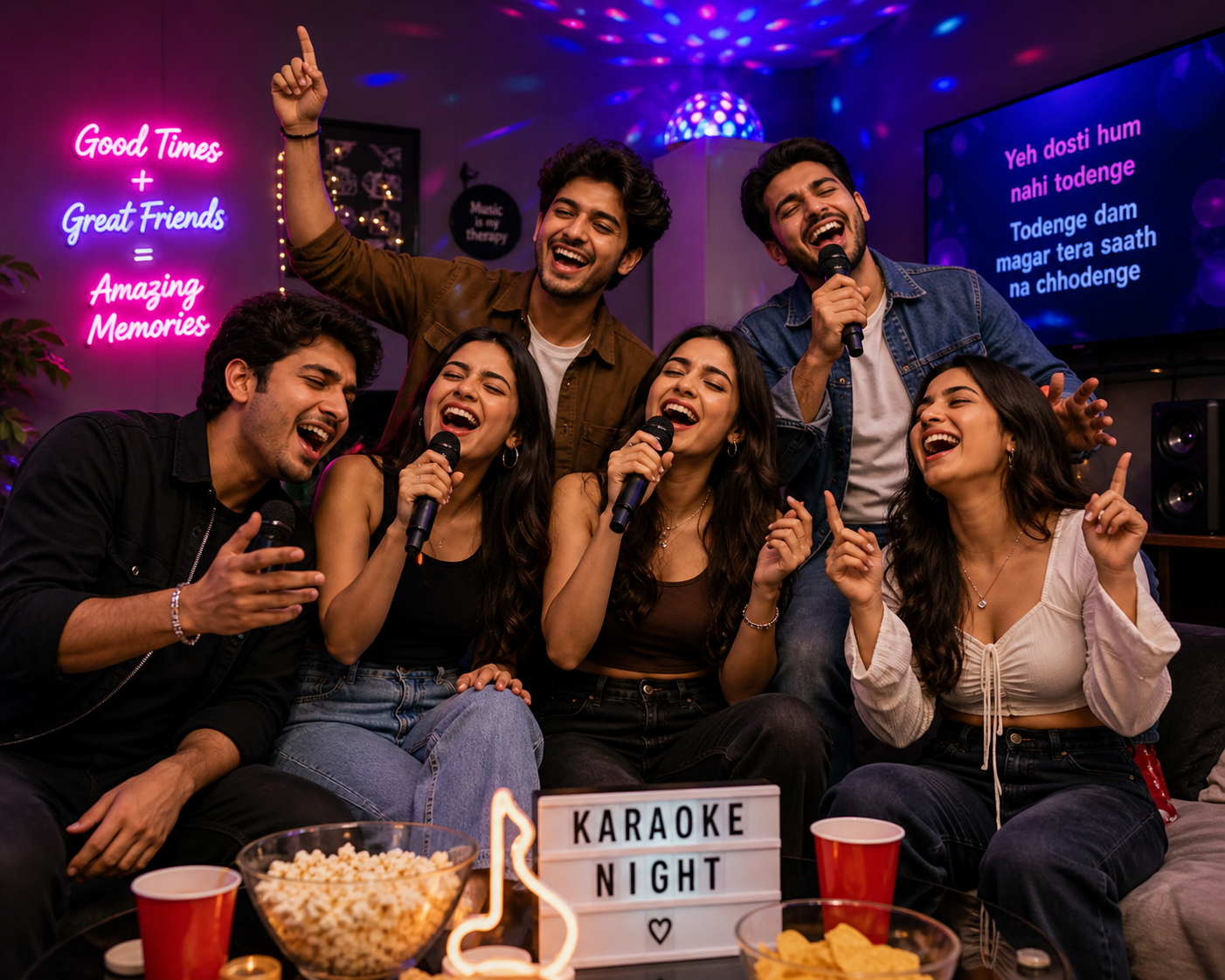Friends singing karaoke together