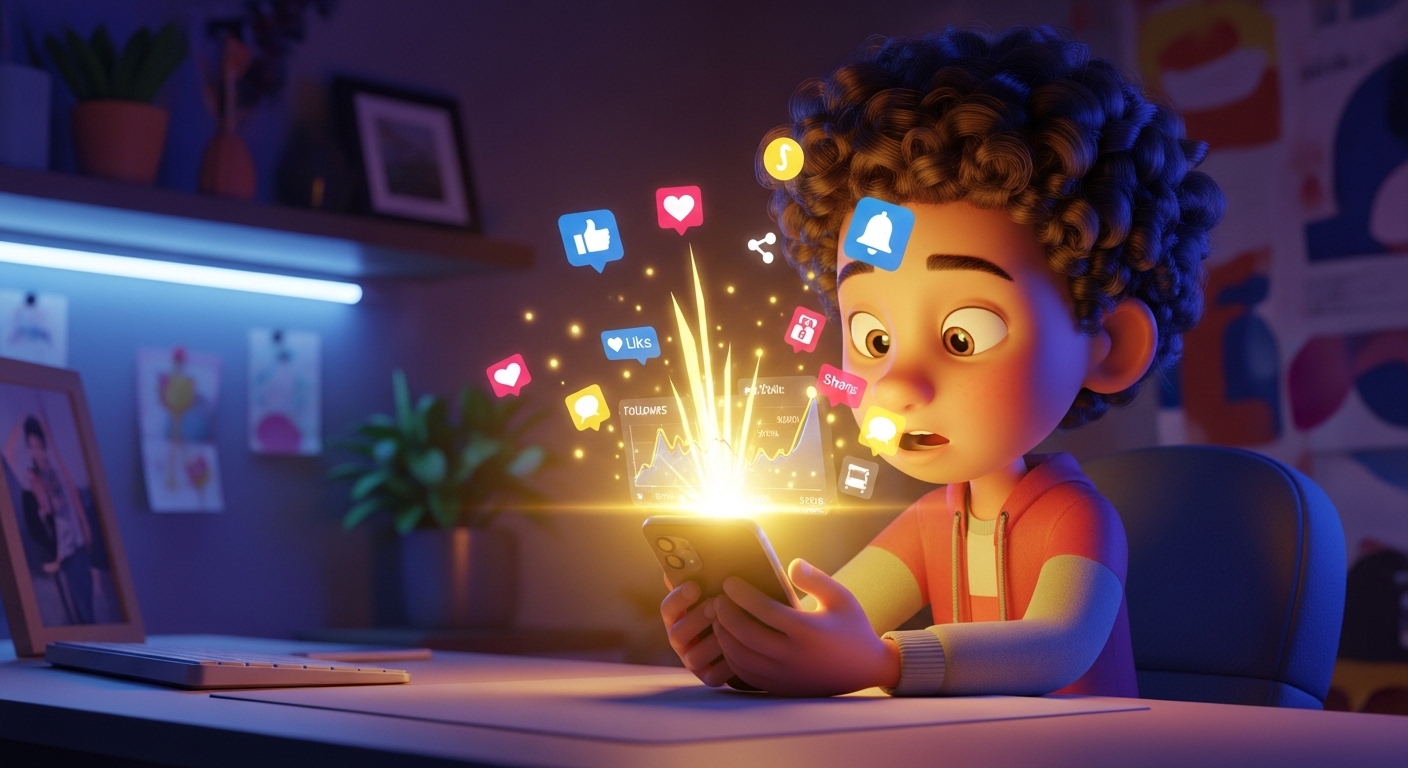 Pixar-style 3D illustration showing a TikTok creator monitoring rapid growth on a glowing smartphone, floating alert and engagement icons, cinematic lighting, vibrant colors, no text, 1280x720.