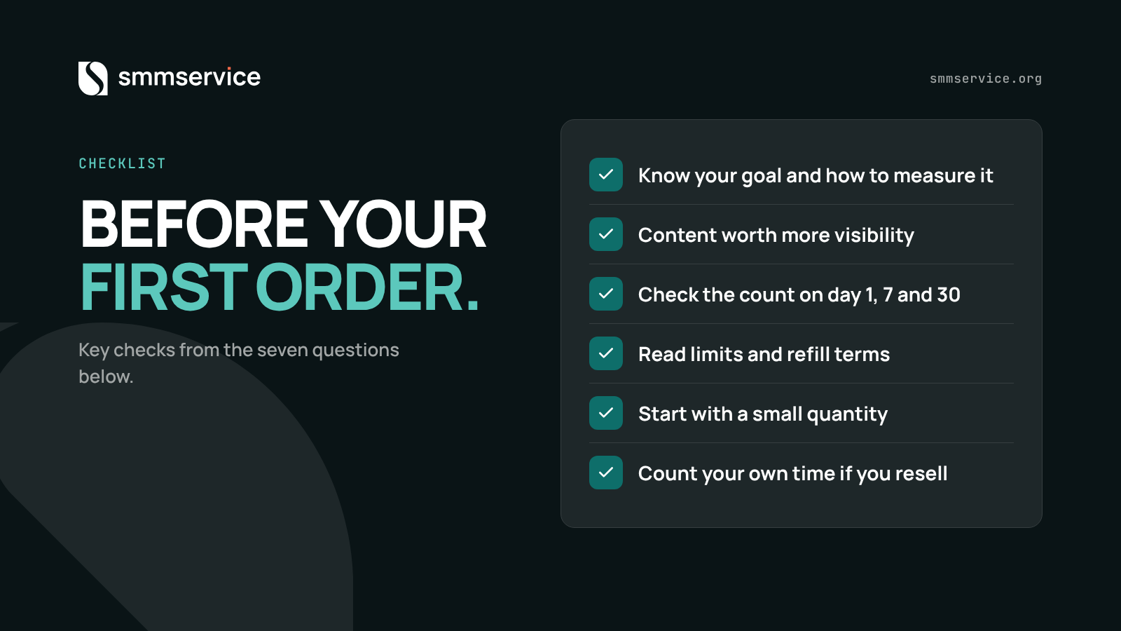 Checklist card with six key checks to make before the first SMM panel order