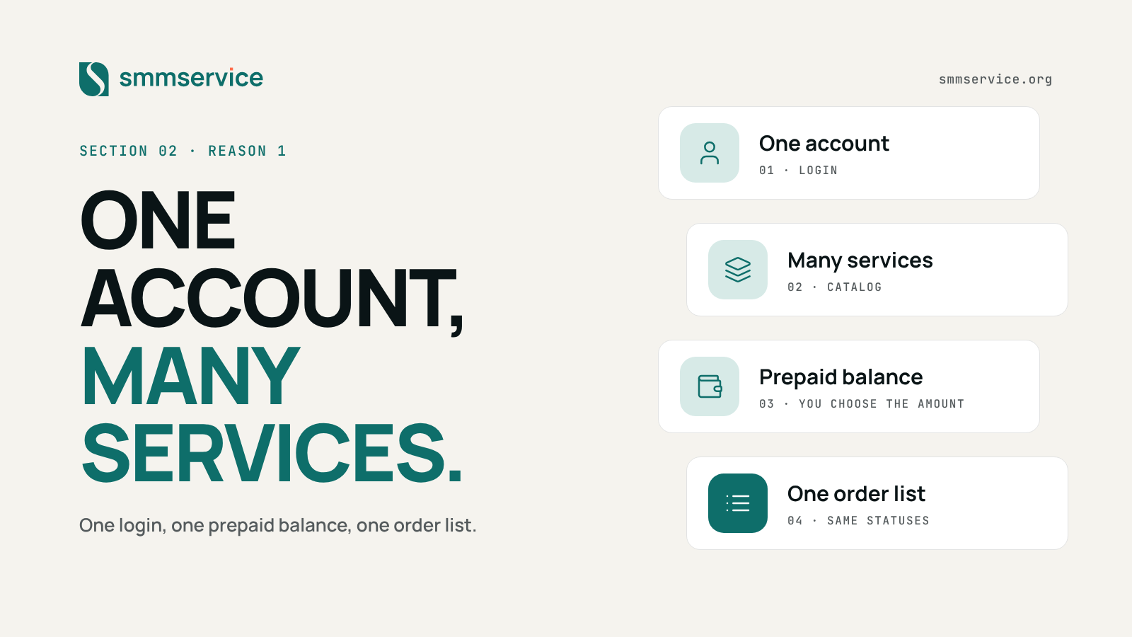 Graphic showing one account and one prepaid balance connected to many social media services