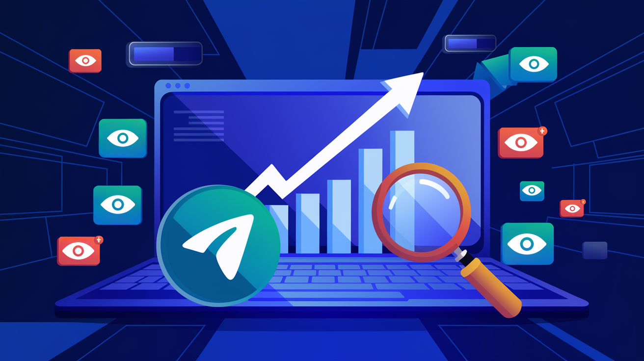 Illustration of a laptop displaying an upward graph, surrounded by Telegram icons and eye symbols, representing the positive impact of buying Telegram members on boosting engagement and improving Telegram search rankings.