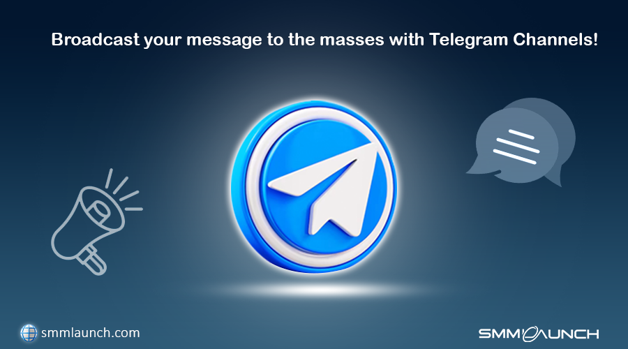 A digital graphic promoting Telegram Channels for social media marketing. It showcases a large Telegram logo in the center, symbolizing the platform's broadcast capabilities. Surrounding the logo are icons of a megaphone and a speech bubble, representing messaging and mass communication. The tagline 'Broadcast your message to the masses with Telegram Channels!' is displayed at the top, highlighting the ability to reach large audiences through the platform. The design is simple and modern, emphasizing the strategic use of Telegram Channels for companies to share updates, promotions, and newsletters. The smmlaunch.com branding is visible at the bottom.