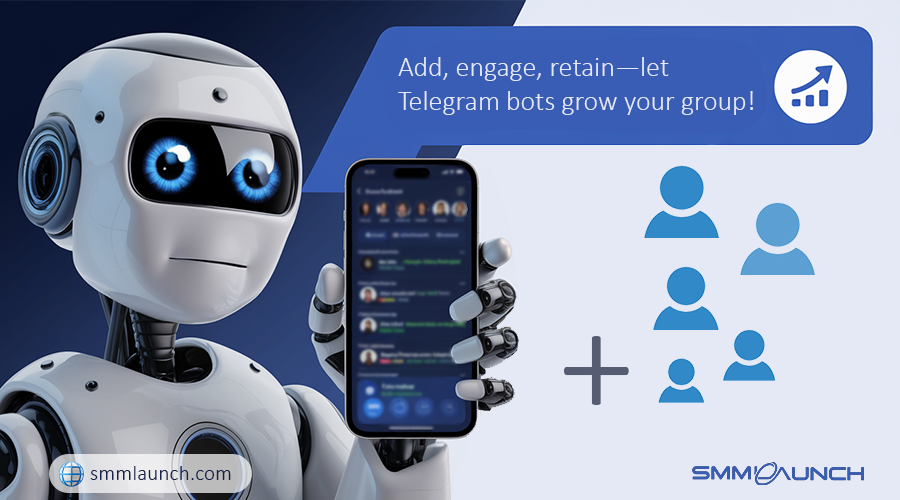 A futuristic robot holding a smartphone displaying a Telegram group chat interface, symbolizing the role of bots in adding, engaging, and retaining group members. The robot’s expression is friendly and focused, with glowing blue eyes. A speech bubble above reads, 'Add, engage, retain—let Telegram bots grow your group!' accompanied by icons of user avatars and growth statistics, illustrating the bot’s ability to attract and manage group members. The SMM Launch branding is visible, emphasizing the platform’s expertise in using Telegram bots for group growth.