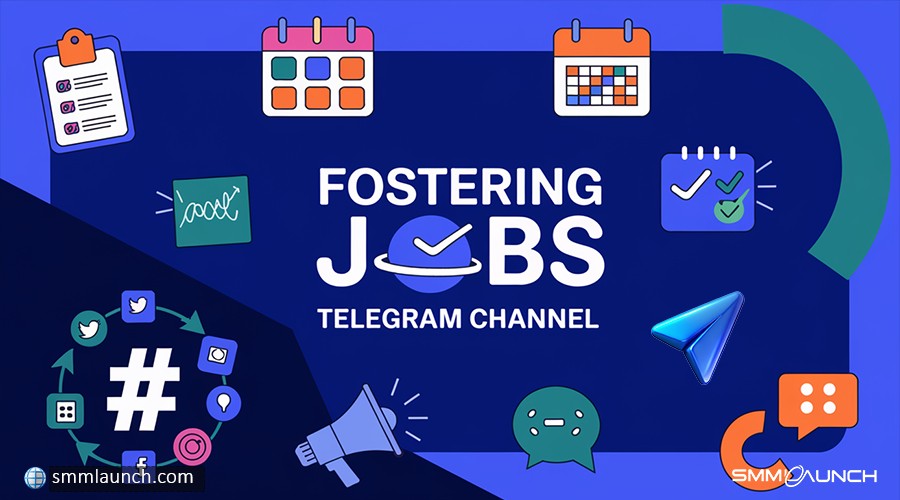 Modern graphic design showcasing fostering jobs on Telegram channels with icons for tasks, calendars, and networking, set against a rich blue and teal backdrop.