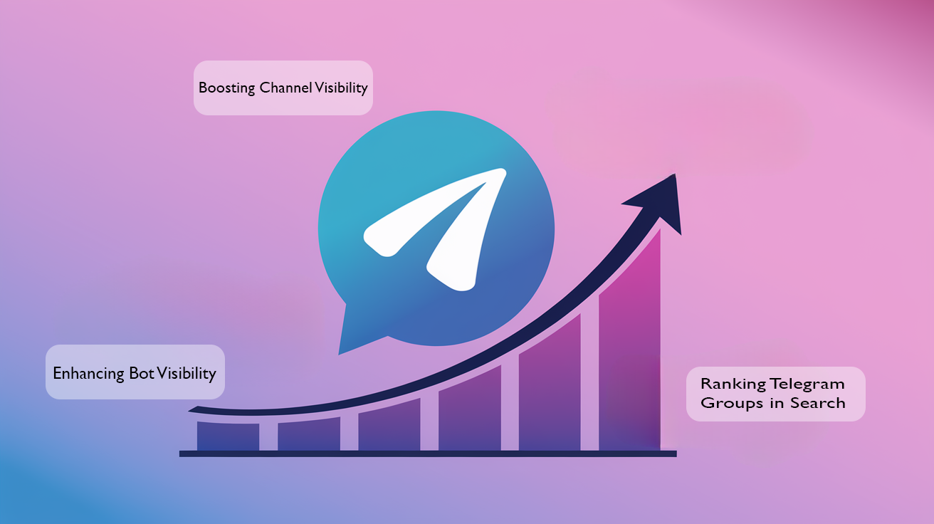 Illustration of a rising bar graph with a Telegram logo, symbolizing growth in channel visibility, bot visibility, and group ranking in search, set against a gradient pink and purple background.