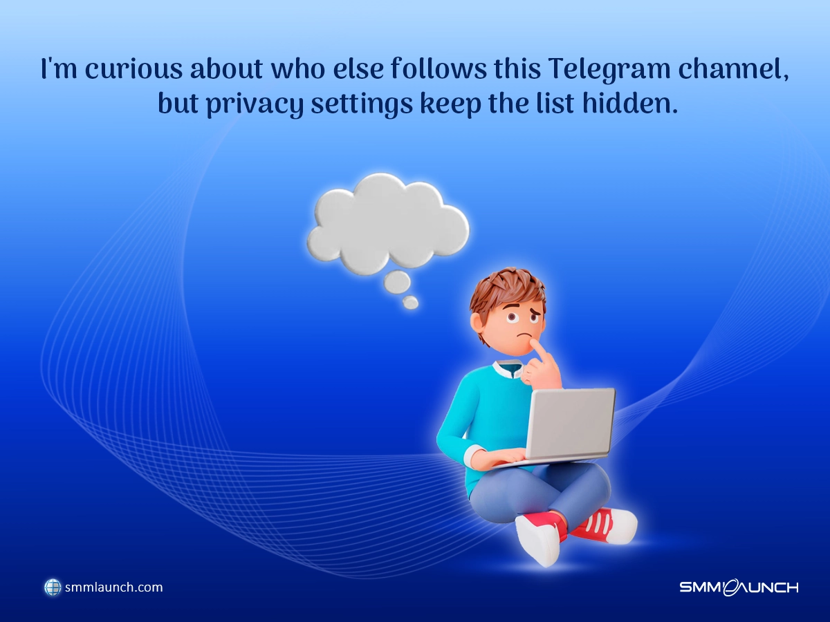 A person sits on a blue and white wavy surface with a laptop, frustrated by not knowing how to see others Telegram channel subscribers due to privacy settings.