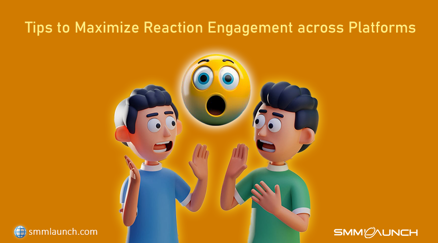 Animated image from smmlaunch.com showcasing tips for enhancing reaction engagement on social media, set in a fun soccer theme.