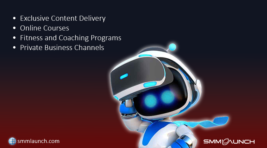 A futuristic robot wearing a VR headset stands on the right side of the image, saluting with a glowing blue hand. On the left, a list of use cases is displayed, including 'Exclusive Content Delivery,' 'Online Courses,' 'Fitness and Coaching Programs,' and 'Private Business Channels.' The image, presented by SMMLaunch.com, highlights how the best Telegram subscription bot can be used for automating services and monetizing paid memberships in various sectors.