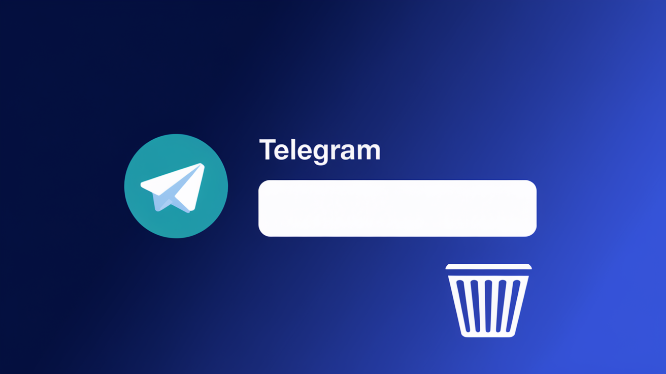 Graphic featuring the Telegram logo, a blank text input field, and a trash bin icon, set against a blue gradient background, symbolizing username creation or deletion.