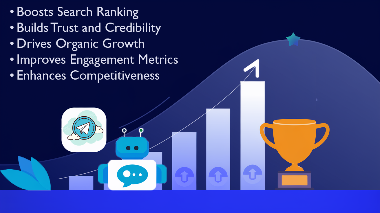 An illustration showcasing a robot and a Telegram logo with a bar graph showing growth, topped by a trophy. The text highlights benefits such as boosting search rankings, building trust and credibility, driving organic growth, improving engagement metrics, and enhancing competitiveness. The design features a blue gradient background with upward arrows and a star representing achievement.