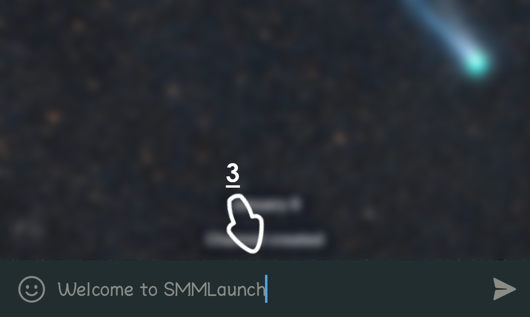 A screenshot of a Telegram chat interface showing a welcome message, 'Welcome to SMMLaunch,' being typed in the message input field. The background has a blurred cosmic design with a glowing streak resembling a comet. A white hand-drawn arrow labeled '3' points towards the message input area.