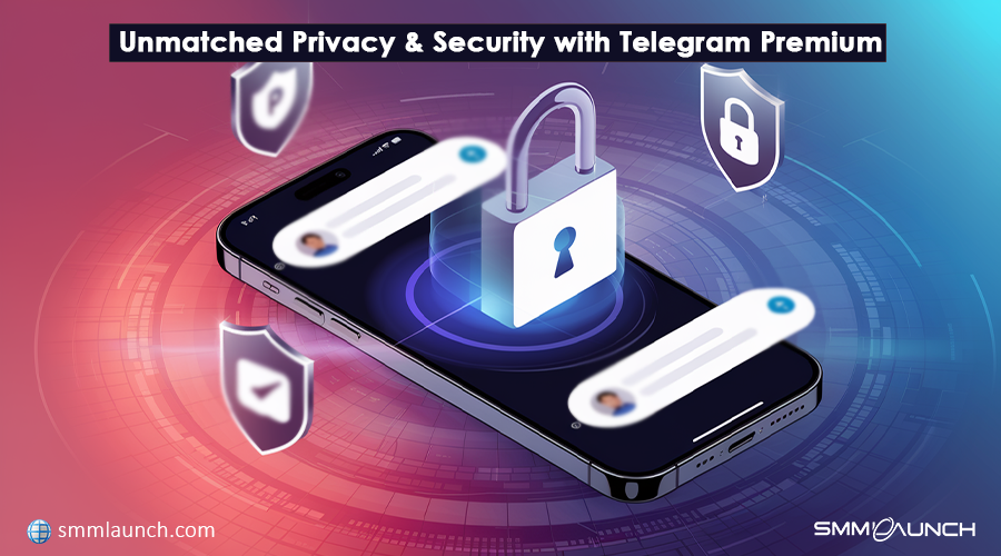 A glowing padlock hovers over a smartphone, symbolizing the enhanced security and privacy features of Telegram Premium Membership, with shield icons representing encryption and verified communication.