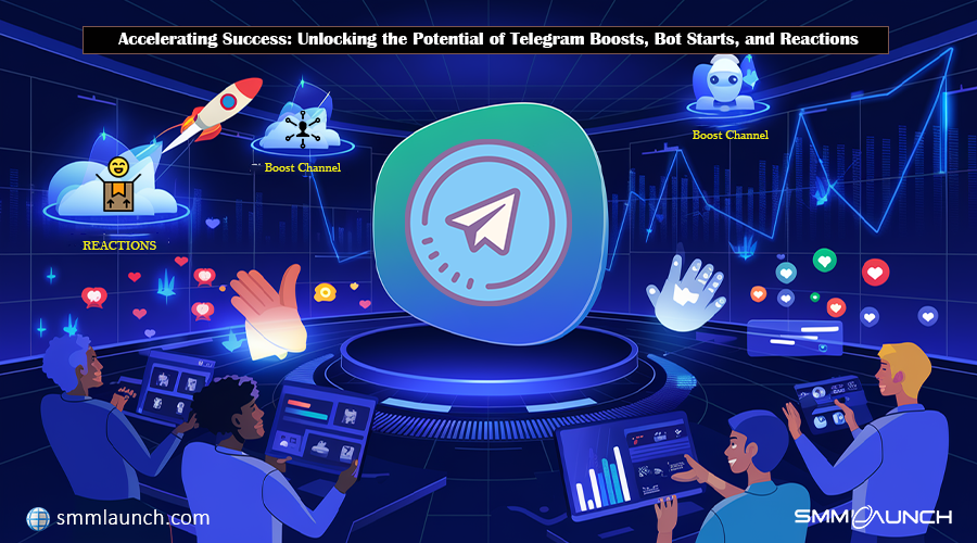 Digital image featuring a glowing Telegram logo, a launching rocket, a robot for boosting channels, and a graph with an upward trend to emphasize Buy Telegram Boost Channel, Buy Telegram Bot Starts, and Buy Telegram Reactions for Telegram channel growth.