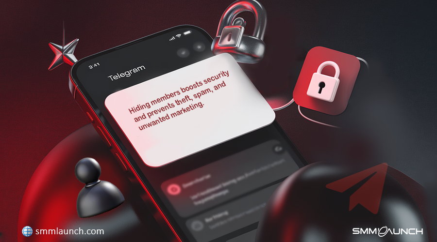 Illustration showing a smartphone screen with the message, 'Hiding members boosts security and prevents theft, spam, and unwanted marketing.' The image includes icons of locks, a Telegram symbol, and a privacy shield, symbolizing the importance of privacy and security. This visual highlights how to hide members in Telegram channels to protect against spam and unwanted marketing.