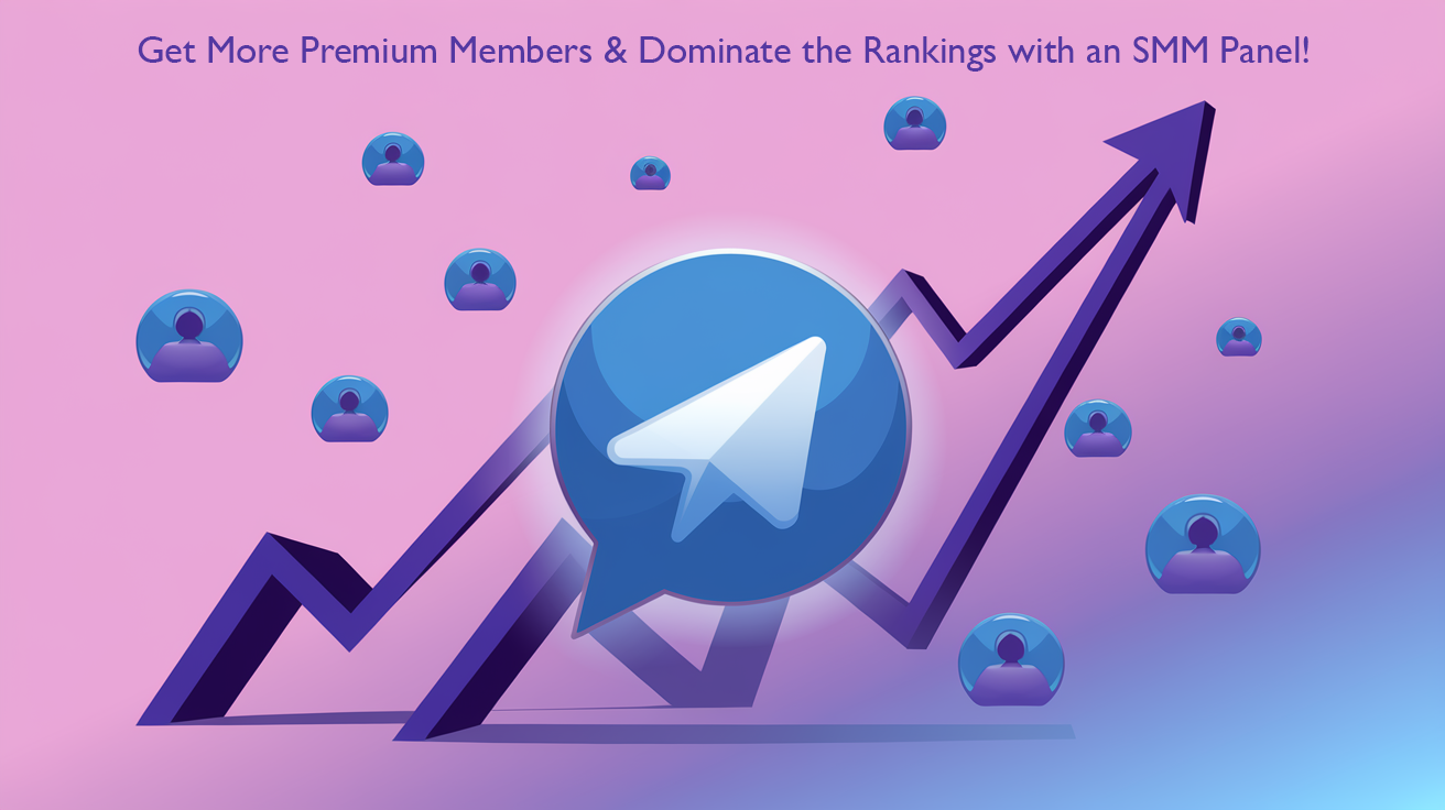 Illustration of Telegram growth featuring a large Telegram logo, an upward-trending graph, and floating user icons representing premium members. The background has a pink-to-blue gradient, and the text at the top reads, 'Get More Premium Members & Dominate the Rankings with an SMM Panel!