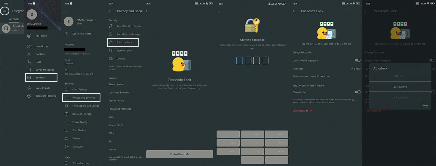 Step-by-step guide displayed on a dark-themed interface illustrating how to enable the Telegram passcode lock. The first screen shows the 'Settings' option in the Telegram main menu. The second screen highlights the 'Privacy and Security' menu. The third screen selects the 'Passcode Lock' option. The fourth screen prompts the user to create a 4-digit passcode with a lock-and-key icon and a duck illustration for visual guidance. The final screen shows customization options for 'Unlock with Fingerprint,' 'Auto-lock' time intervals, and content visibility in the task switcher. A dropdown menu displays auto-lock timing options, including 'Disabled,' '1 minute,' and '5 minutes.'