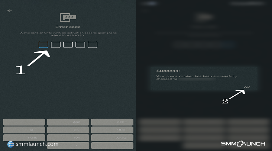 Final steps for changing the phone number in Telegram. The left screen shows the 'Enter code' page, with an arrow labeled '1' pointing to the code entry fields. The right screen confirms the success of the phone number change, with an arrow labeled '2' highlighting the 'OK' button.