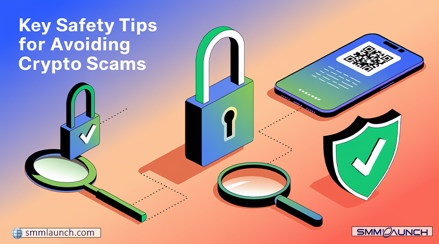 An isometric graphic illustrating safety tips for avoiding Telegram crypto scams, featuring padlocks, a magnifying glass, a smartphone with a QR code, and a green shield with a checkmark.