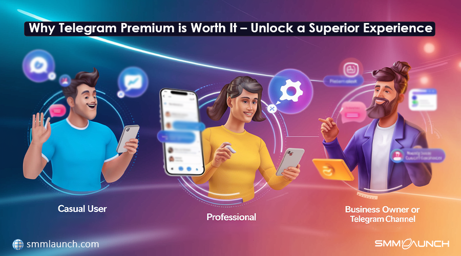 A user-friendly graphical interface displaying the benefits of Telegram Premium Membership for various users, including a human figure, text highlights, and business-related elements.