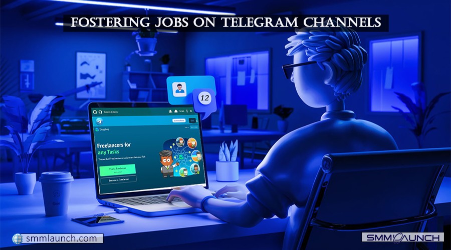 A cartoon character sitting at a desk in an office, viewing a job-posting website on a computer screen, highlighting the concept of fostering jobs on Telegram channels.