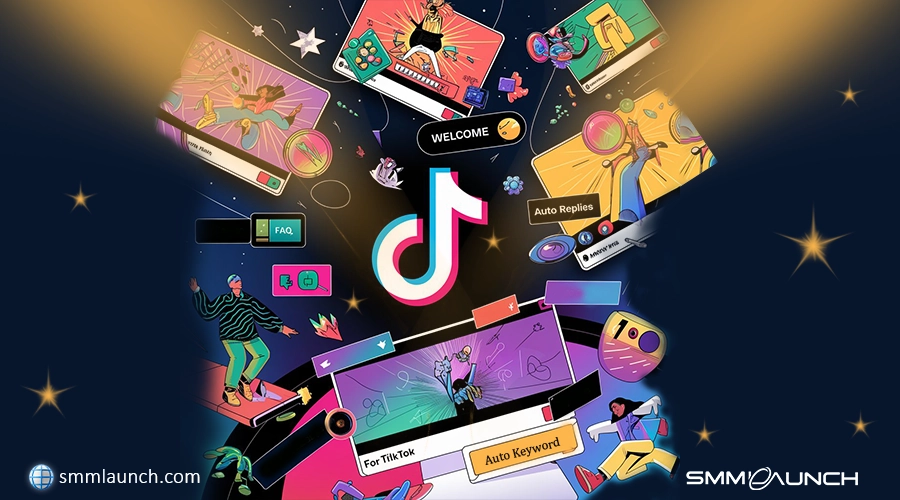 Diagram highlighting features like auto replies and FAQs, with a website link for TikTok and SMM launch branding, illustrating important concepts in social media marketing.