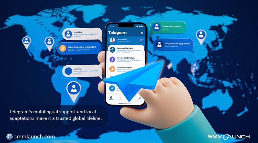 A 3D illustration showing a hand holding a smartphone with the Telegram app open. The phone displays messages in various languages, symbolizing Telegram’s multilingual support. Surrounding the phone is a world map with user icons and chat markers across different regions, indicating global reach and local community engagement. A large paper airplane, representing the Telegram logo, is shown taking off from the phone screen. A caption on the image reads: 