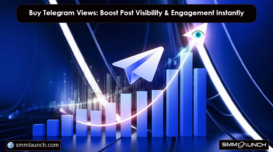 A bar graph with a soaring white Telegram airplane and an eye icon symbolizes growth in post visibility through Buy Telegram views.