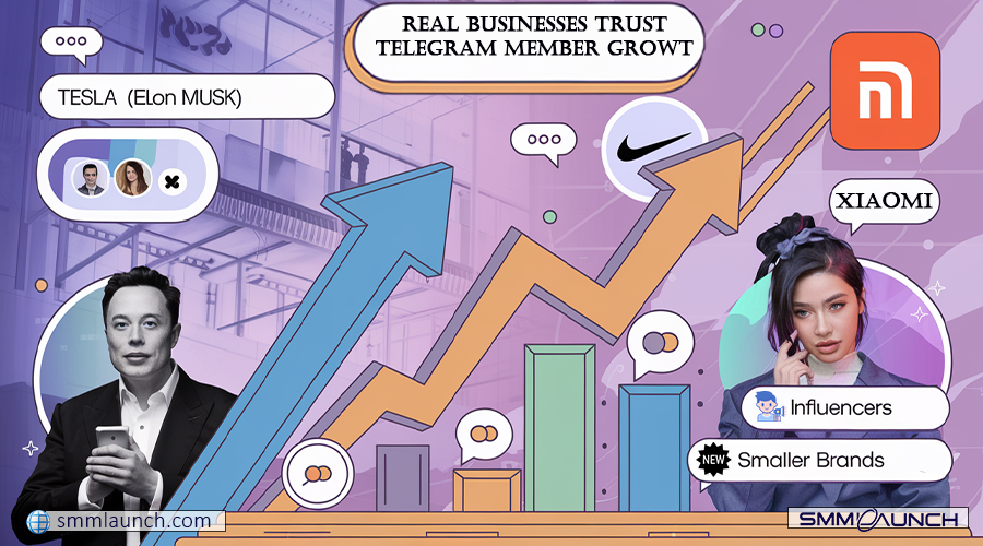 A full-shot graphic illustrating Telegram member growth with charts, brand logos (Xiaomi, Nike), and a depiction of Elon Musk holding a smartphone. Features smmlaunch.com branding.