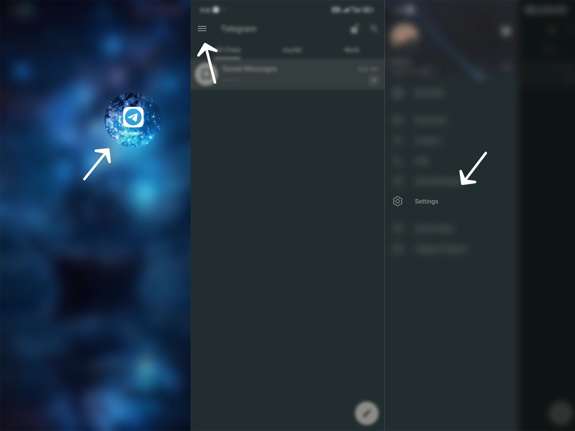 Step-by-step guide image showing how to access Telegram settings: the first panel highlights the Telegram app icon on the home screen, the second panel points to the menu button inside the app, and the third panel directs to the 'Settings' option in the menu.