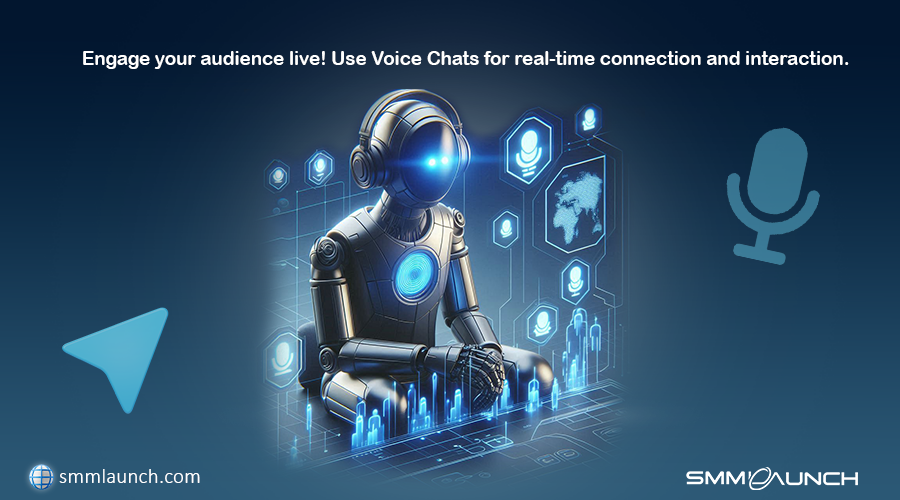 The image portrays a futuristic robot sitting amidst digital elements, highlighting the concept of voice chats. The robot, sleek and metallic, has a glowing blue circle on its chest, and is surrounded by various digital icons, including a microphone and speech bubbles, symbolizing voice interaction. To the left, there is a stylized Telegram logo, reinforcing the context of Telegram as a platform for social media marketing. The background is a gradient of dark blue, creating a tech-savvy, professional atmosphere. The overall visual emphasizes how brands can leverage Telegram's voice chat features to enhance direct communication, allowing for live product launches, company updates, and Q&A sessions, crucial for building strong customer relationships in social media marketing.