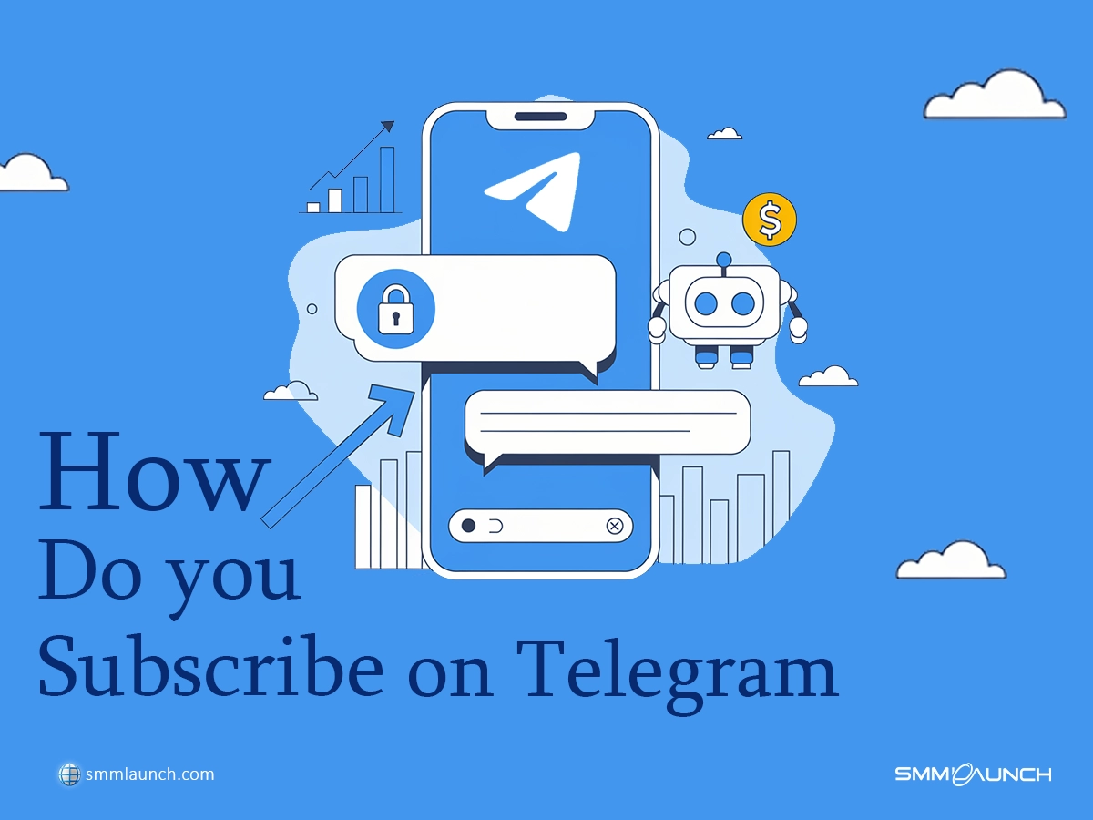 An illustration of a smartphone features the Telegram logo, chat bubbles, a robot, and a security lock icon. The text reads 