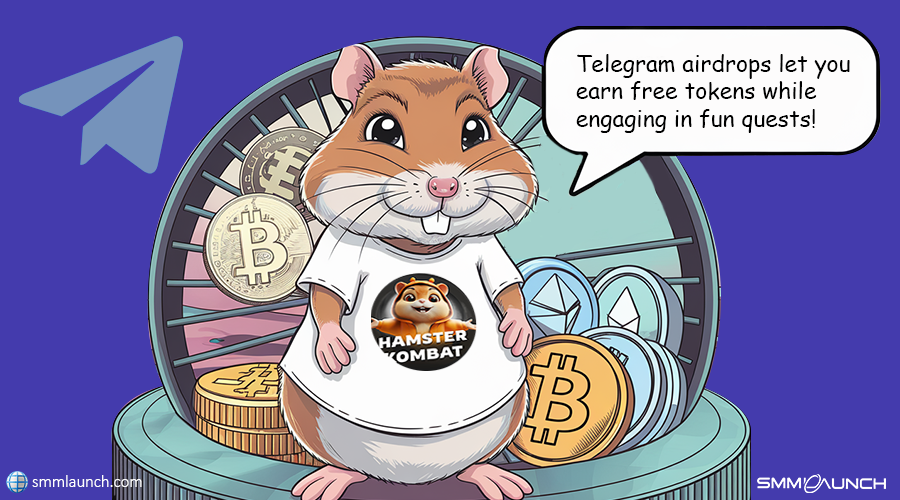 A whimsical cartoon of a cute hamster in a white t-shirt holding a toy, with a traffic sign in the background. The hamster’s speech bubble reads, 'Telegram airdrops let you earn free tokens while engaging in fun quests!' The purple and gray color palette enhances the playful and light-hearted cryptocurrency theme.