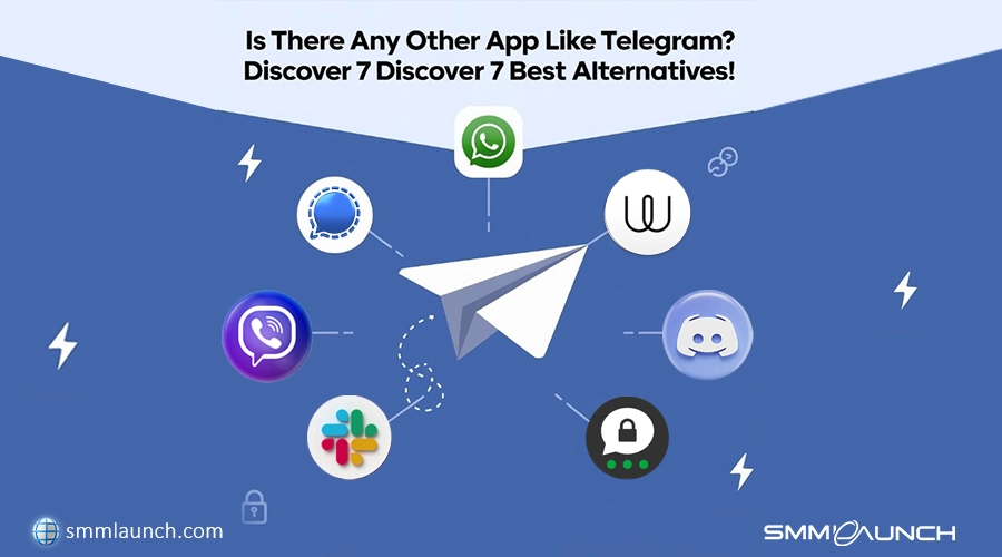 An illustration showing seven alternatives to Telegram in a stylized format, with a central paper airplane representing Telegram. The apps include WhatsApp, Signal, Viber, Discord, Slack, Threema, and Wire, symbolized by their icons. The background is light blue with white lightning bolts and security symbols scattered across.