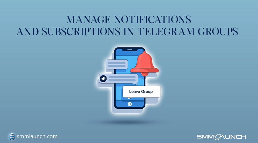 Mobile phone with Telegram notifications and a leave group button, representing managing notifications and subscriptions in Telegram groups.