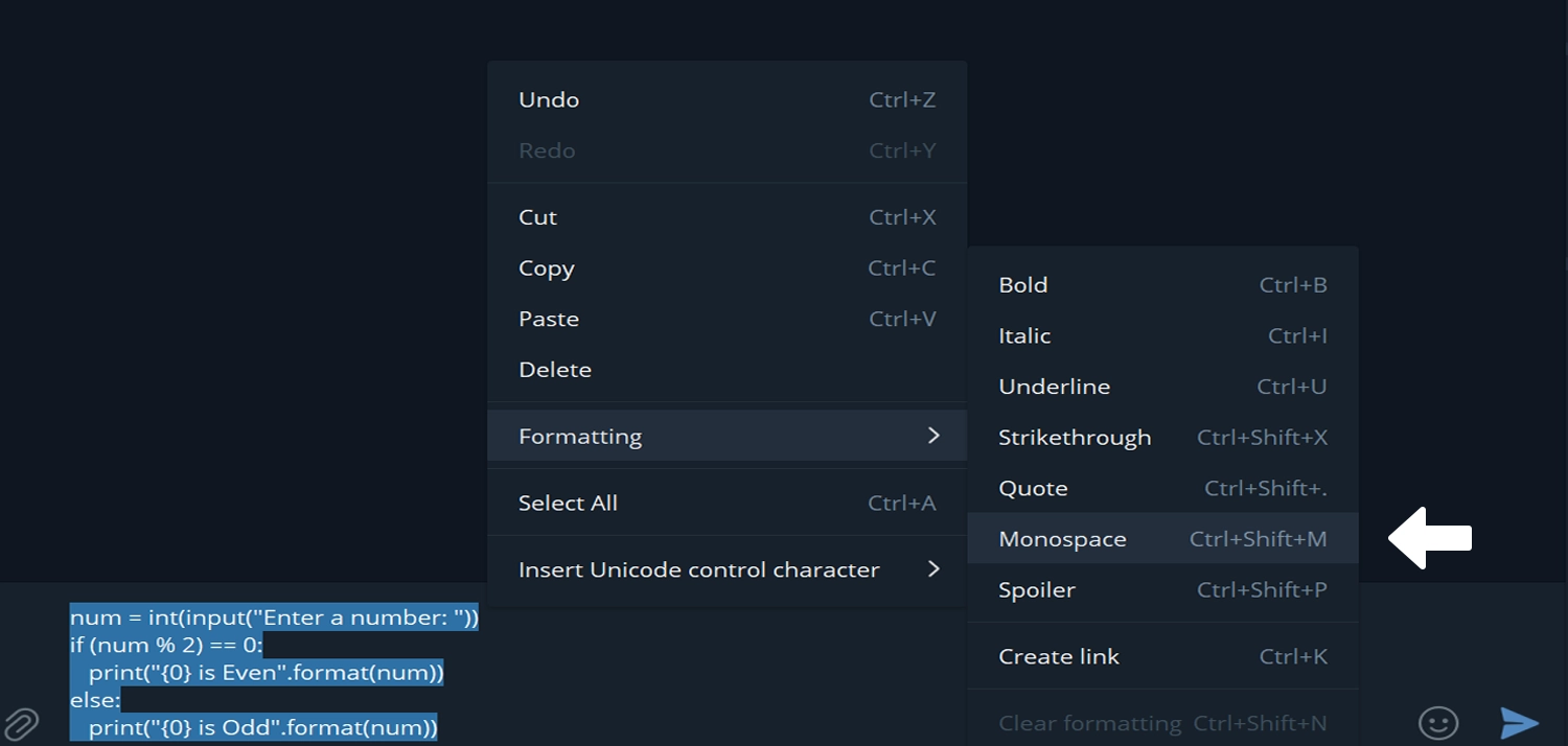 Screenshot showing text formatting options in a context menu within Telegram. The menu highlights various formatting styles such as bold, italic, underline, and monospace, with an arrow pointing to 'Monospace' as the selected option.