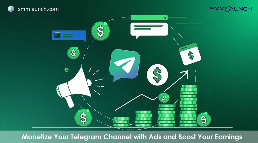 An illustration showing a Telegram logo at the center, surrounded by icons of dollar signs, stacks of cash, coins, and chat bubbles, symbolizing monetization. A megaphone represents advertising, while upward arrows indicate revenue growth, visually explaining how to sell ads on Telegram channels to boost earnings.