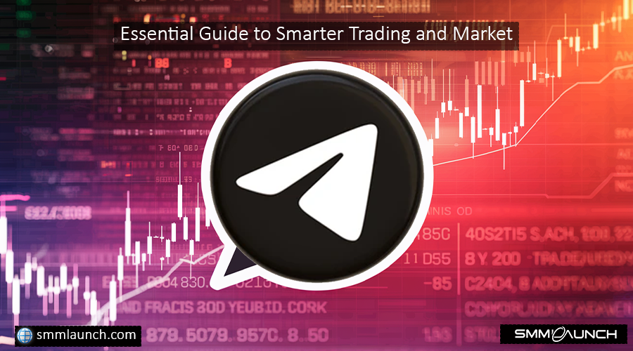 Modern financial infographic featuring a Telegram-inspired button, market data visuals, and branding for smmlaunch.com, focusing on Crypto Telegram Channels.