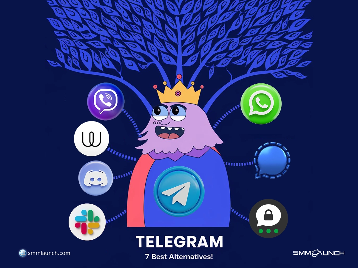 A fun and playful image shows Telegram as a crown at the center of a family tree, looking over its “descendants.” Around the crown are icons of alternative messaging apps (WhatsApp, Signal, Viber, Discord, Slack, Threema, Wire) styled with quirky features. The background is simple, and the colors are bright and lively, adding a humorous touch to the competition among the apps. The whole scene makes it look like Telegram is eyeing its rivals with a touch of royal flair.